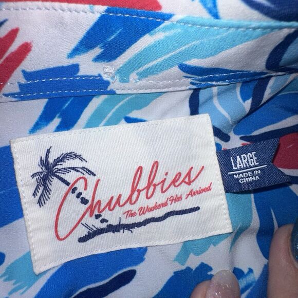 Chubbies Bright Blue Pink Patterned Performance Short Sleeve Polo Shirt L 0628 - Picture 6 of 6